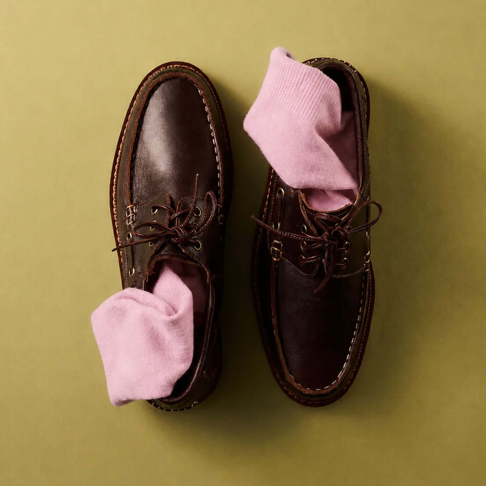 Nooan Hamilton Possum Merino Hamilton Socks - Festive Bloom in brown shoes with pink socks.