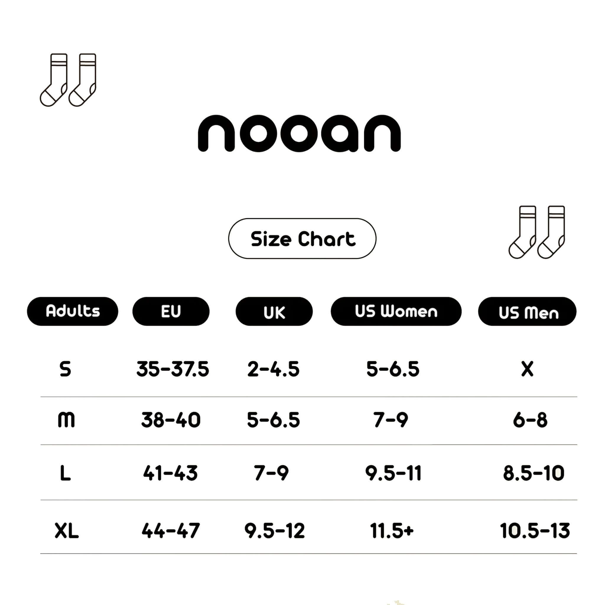 Nooan Hamilton Possum Merino Hamilton Socks - Festive Bloom size chart for adults in various sizes and conversions.