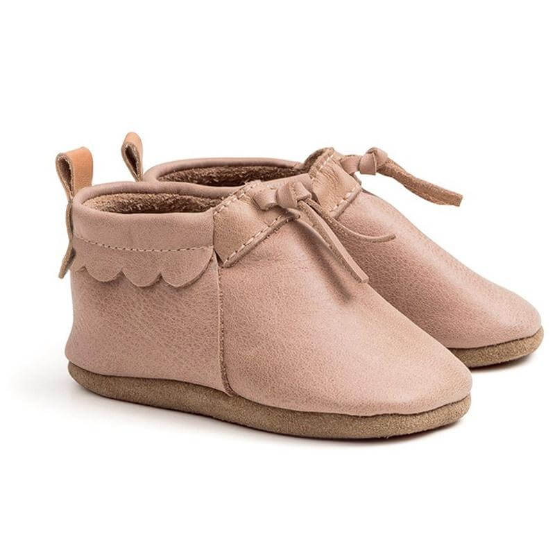 Alt Tag: Pretty Brave Capsule Collection Shoes - MOC Dusky Pink baby moccasin shoes in soft premium leather, scalloped trim, lace tie, gift box ready