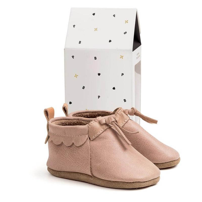 Alt Tag: Pretty Brave Capsule Collection Shoes - MOC Dusky Pink soft leather baby moccasins with scalloped trim in Pretty Brave gift box