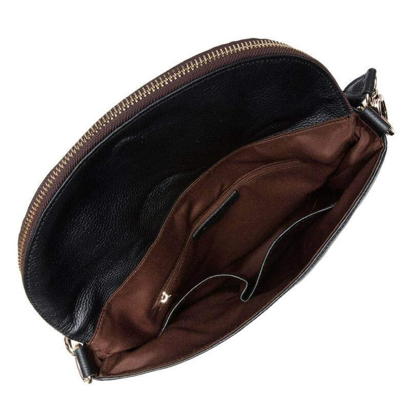 Alt Tag: Saben Frankie Shoulder Bag - Hunter Green interior view with zip closure, brown lining and compartments for essentials