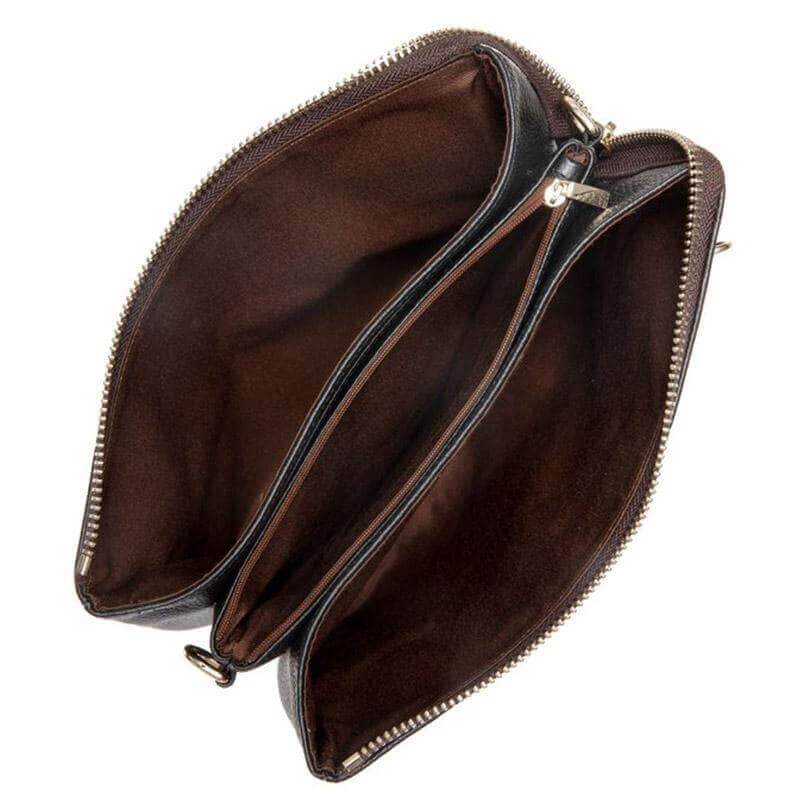 Alt Tag: Interior view of Saben Matilda Crossbody Bag - Black with Tonal Chain showing zip compartments and smart storage