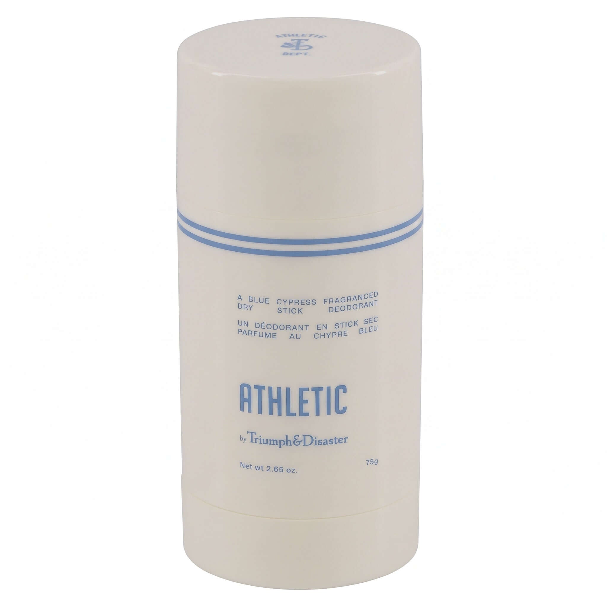Triumph & Disaster Athletic Dry Deo Stick, a blue cypress fragranced dry stick deodorant.