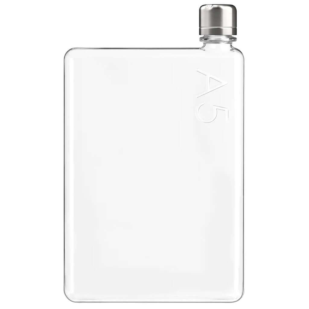 Alt Tag: Memobottle A5 - Transparent flat water bottle with stainless steel cap, slim A5 paper-size design for bags and laptops