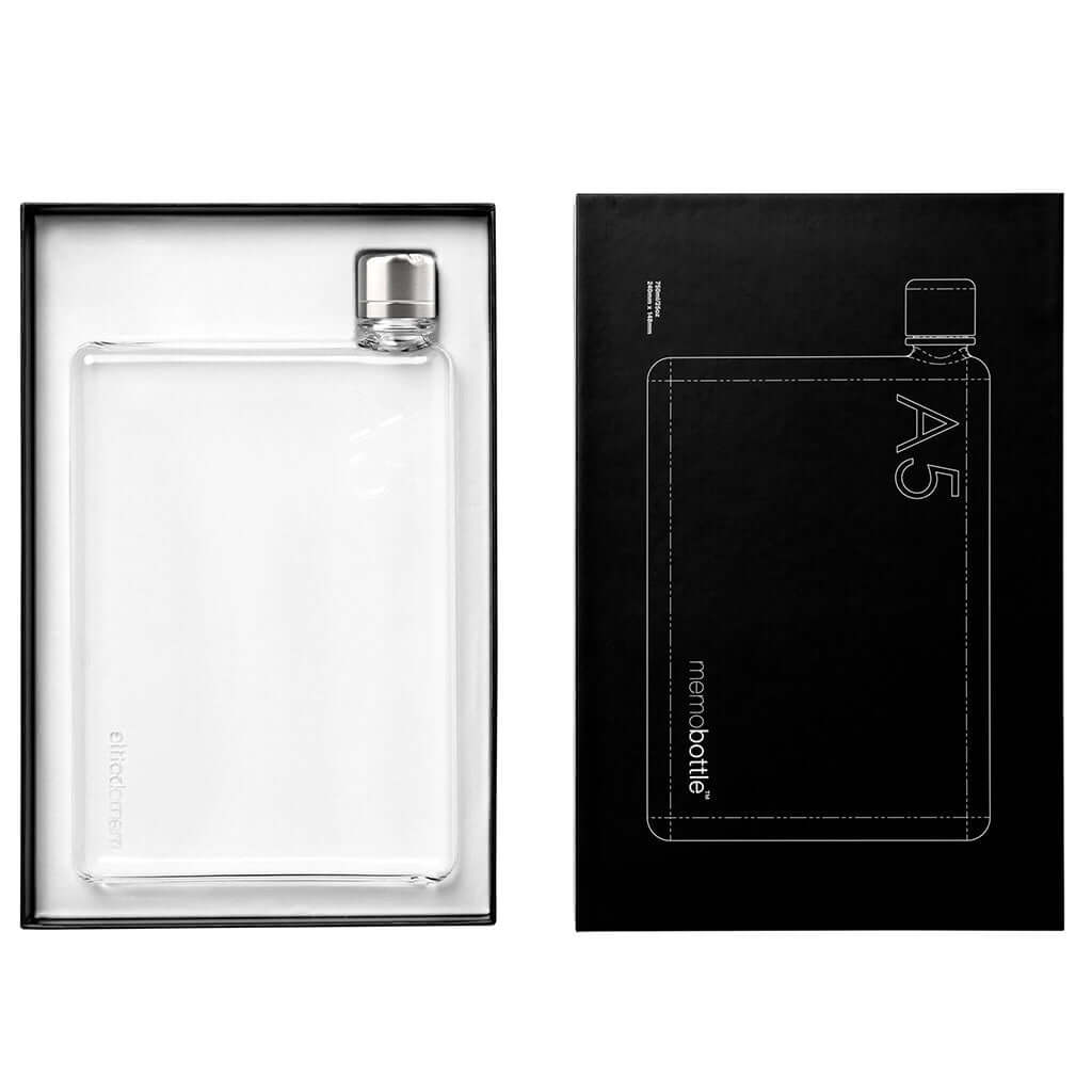 Alt Tag: Memobottle A5 - Transparent flat water bottle in gift box, slim A5 paper-size design for bags, iPad, books and laptops