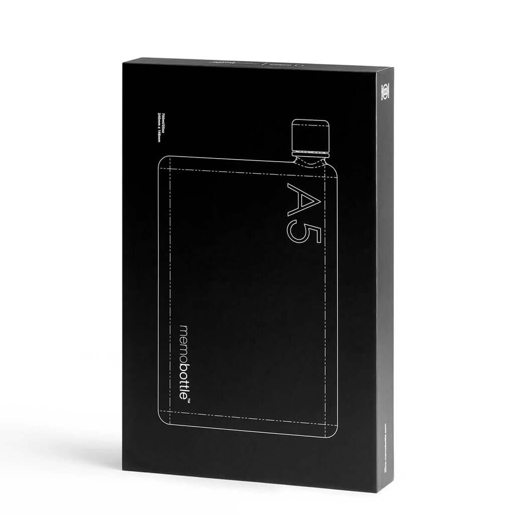 Alt Tag: Memobottle A5 - Transparent packaging box with A5 bottle outline, slim ergonomic flat water bottle for bag, laptop and iPad carry