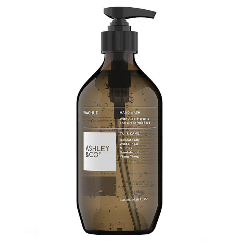 Alt Tag: Ashley & Co WashUp Hand Wash Tui & Kahili aromatic botanical hand wash pump bottle, soap-free pH balanced with aloe