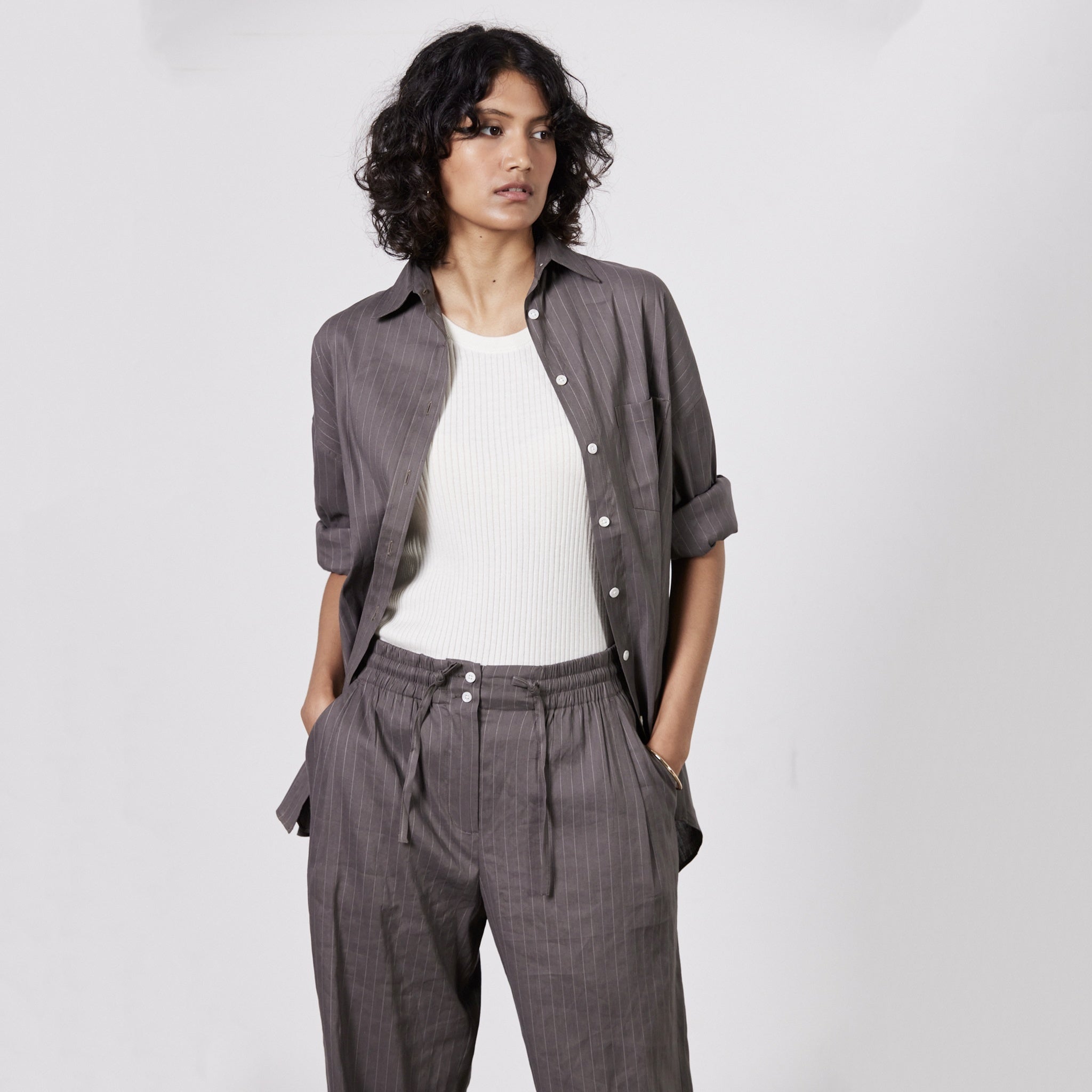 Laing Jacque Shirt - Deep Taupe/ Ecru Stripe - Tea Pea Home