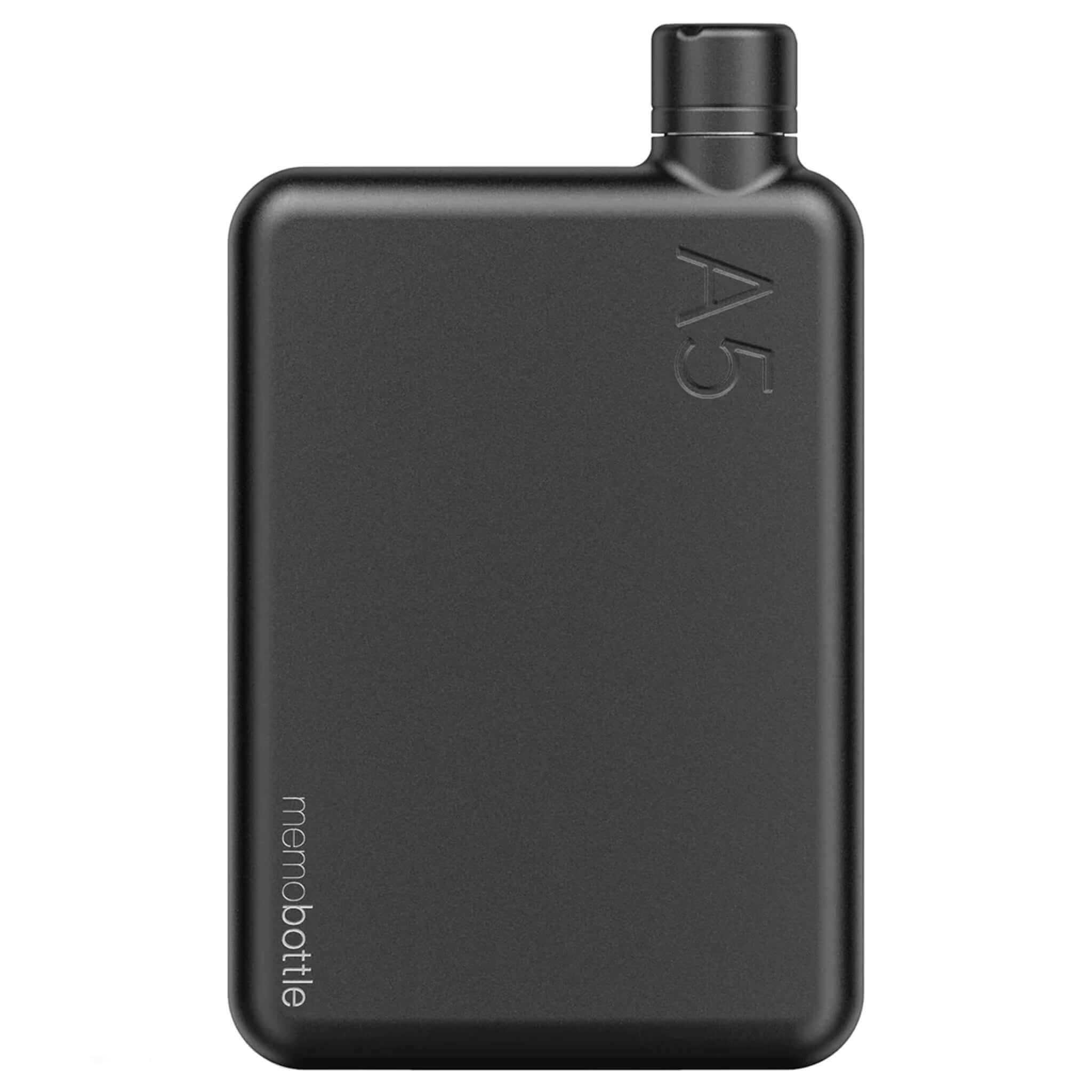 Alt Tag: Memobottle A5 Stainless Steel - Black flat paper-inspired stainless steel water bottle with space-saving A5 design