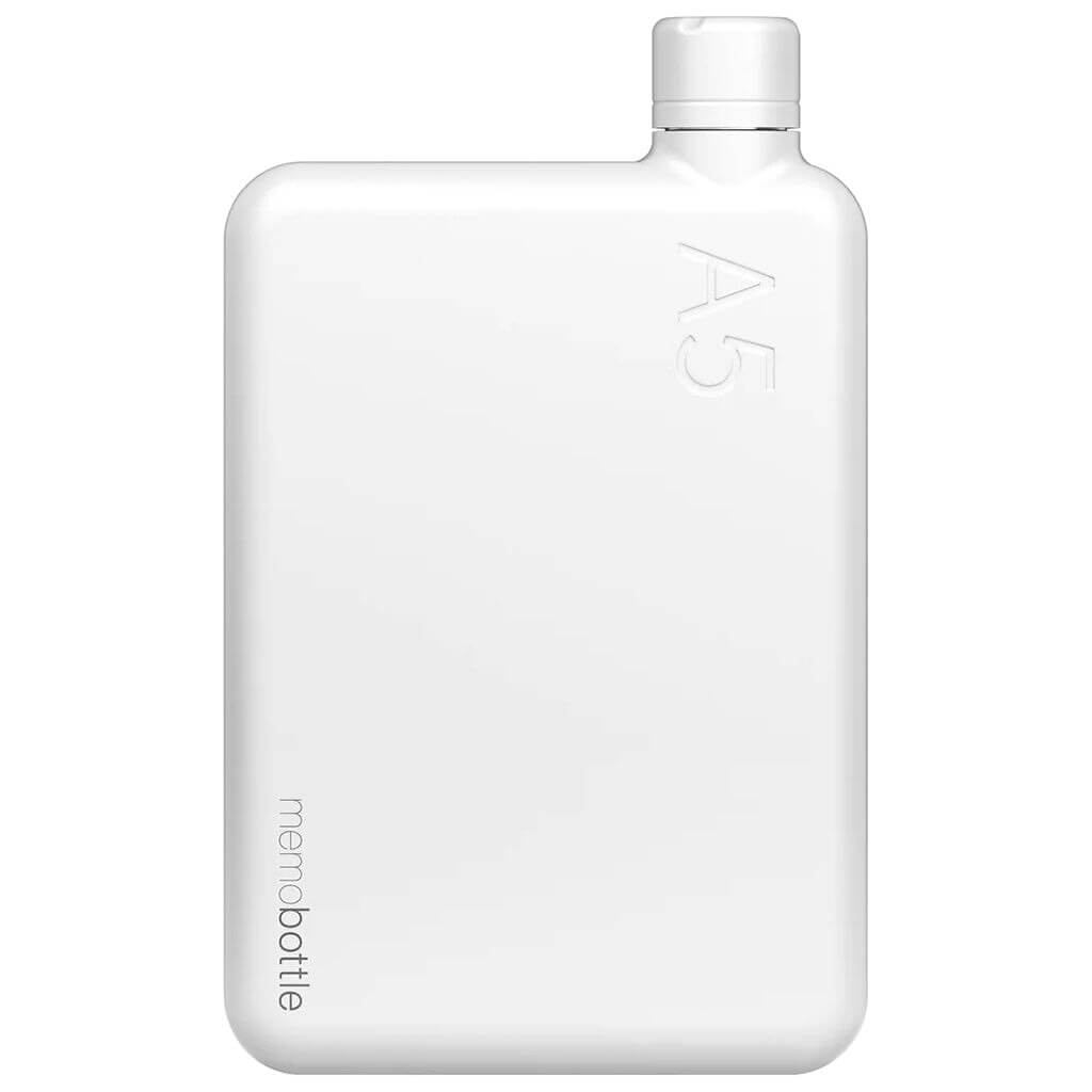 Alt Tag: Memobottle A5 Stainless Steel - White flat reusable water bottle with space-saving paper-inspired design, extra-wide opening