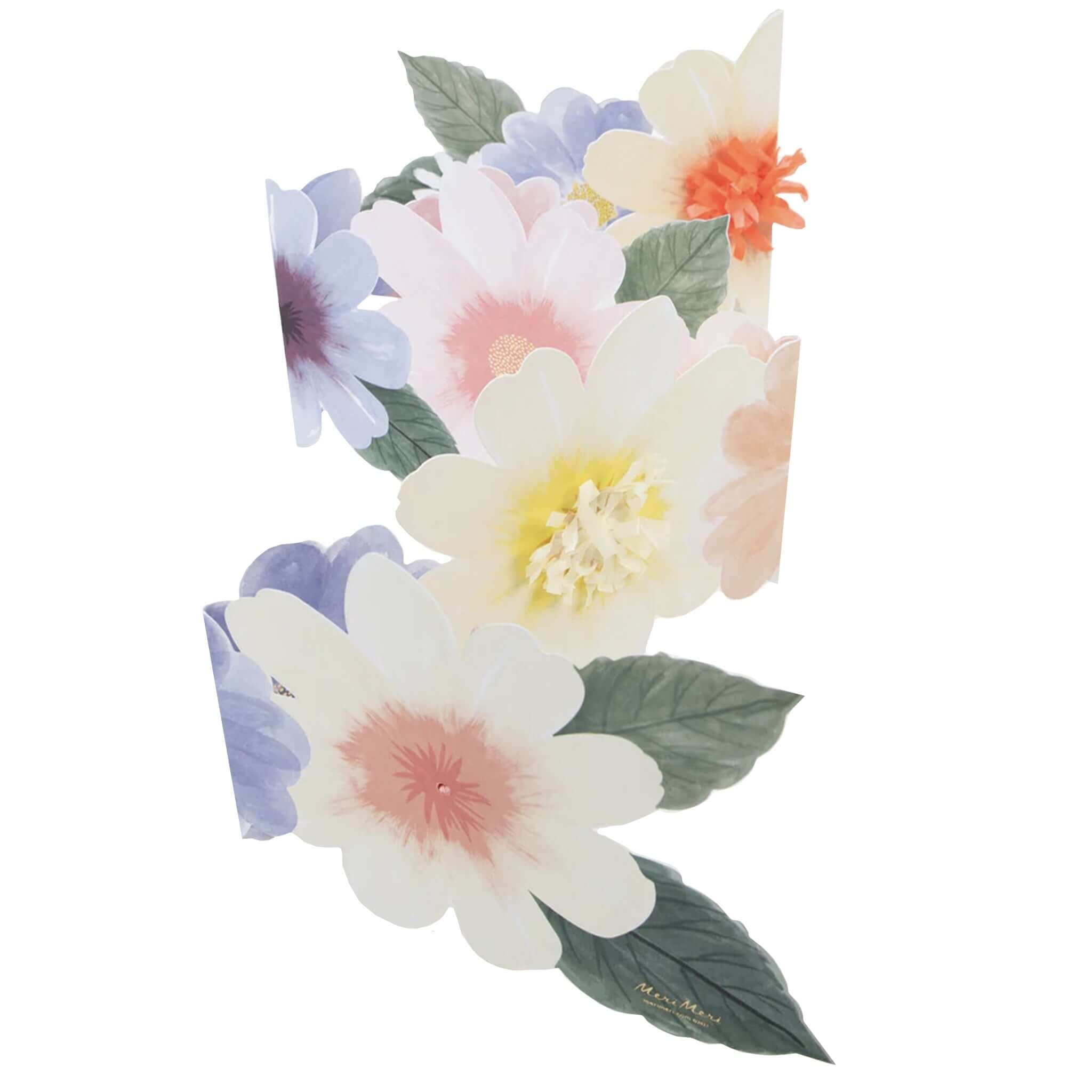 Alt Tag: Meri Meri Card - Floral Concertina Happy Birthday concertina card with pastel flowers, tissue centres and gold foil details