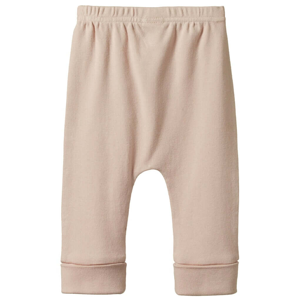 Alt Tag: Nature Baby Organic Cotton Drawstring Pants - Rose Dust baby pants in rose dust, soft elastic waist, cuffed tapered legs