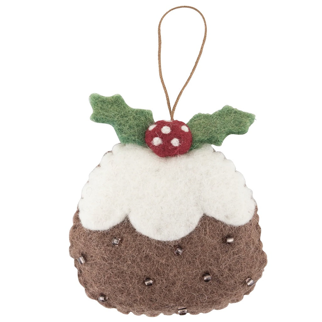 Pashom Nepal Felt Christmas Decoration - Christmas Pudding with Holly - Tea Pea Home