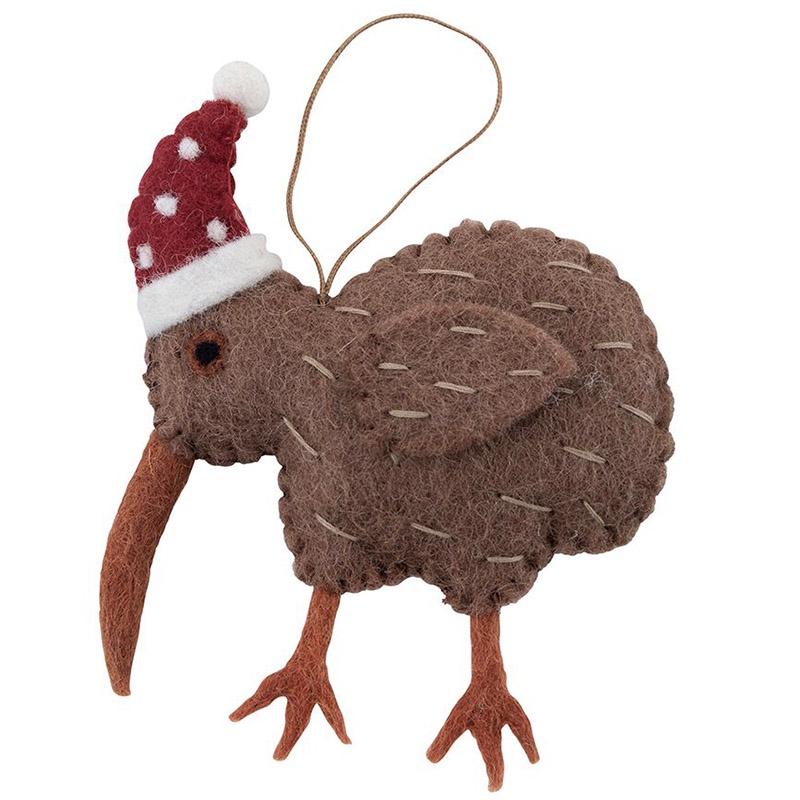 A handcrafted felt Christmas decoration depicting a brown kiwi with a red hat and a green hanging loop.