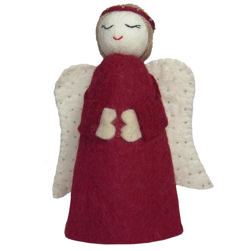 A handmade felt angel tree topper with red and beige coloring, featuring wings and a smiling face.