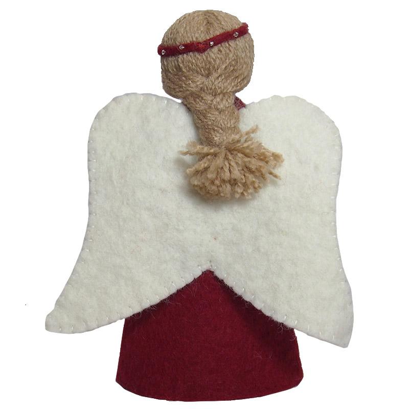 A handmade felt angel tree topper with red and beige coloring, featuring wings and a smiling face.