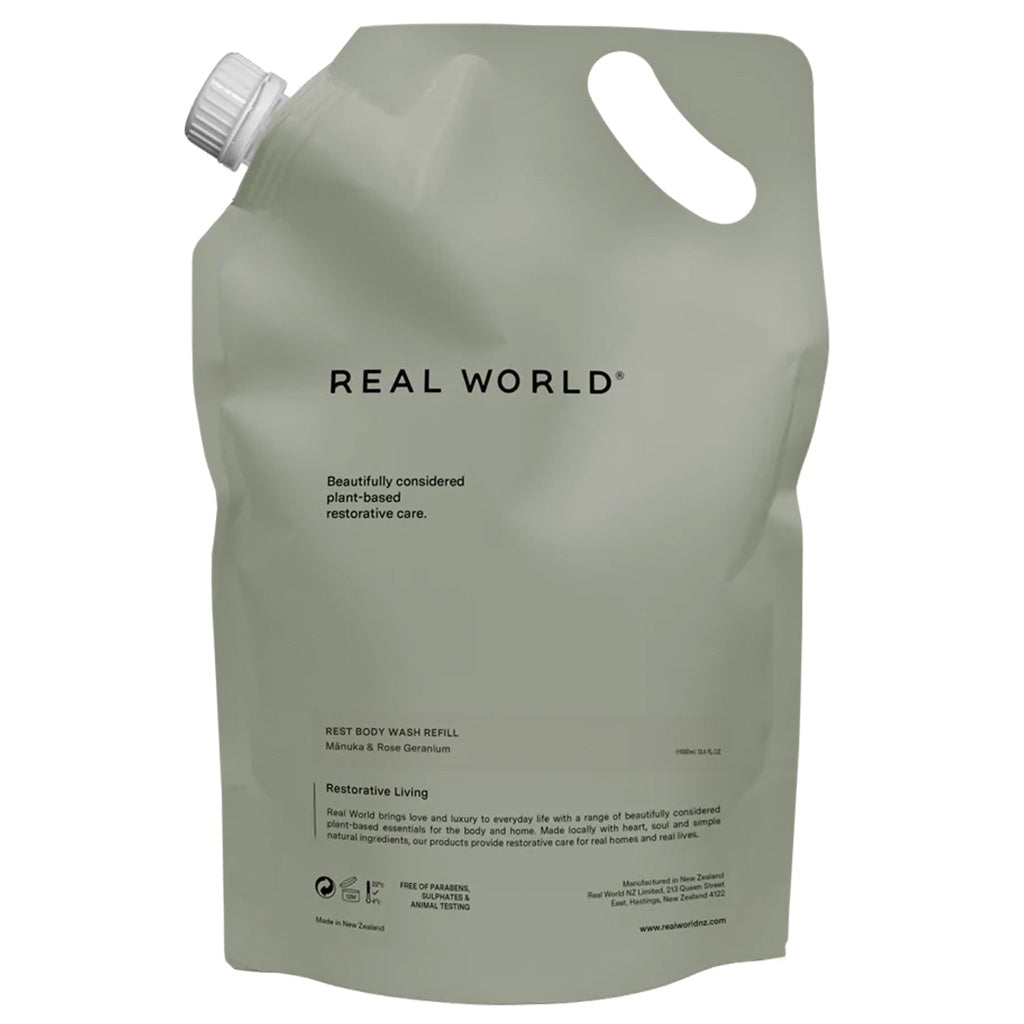 Real World NZ Rest Body Wash 1000ml Refill - Manuka & Rose Geranium - Tea Pea Home