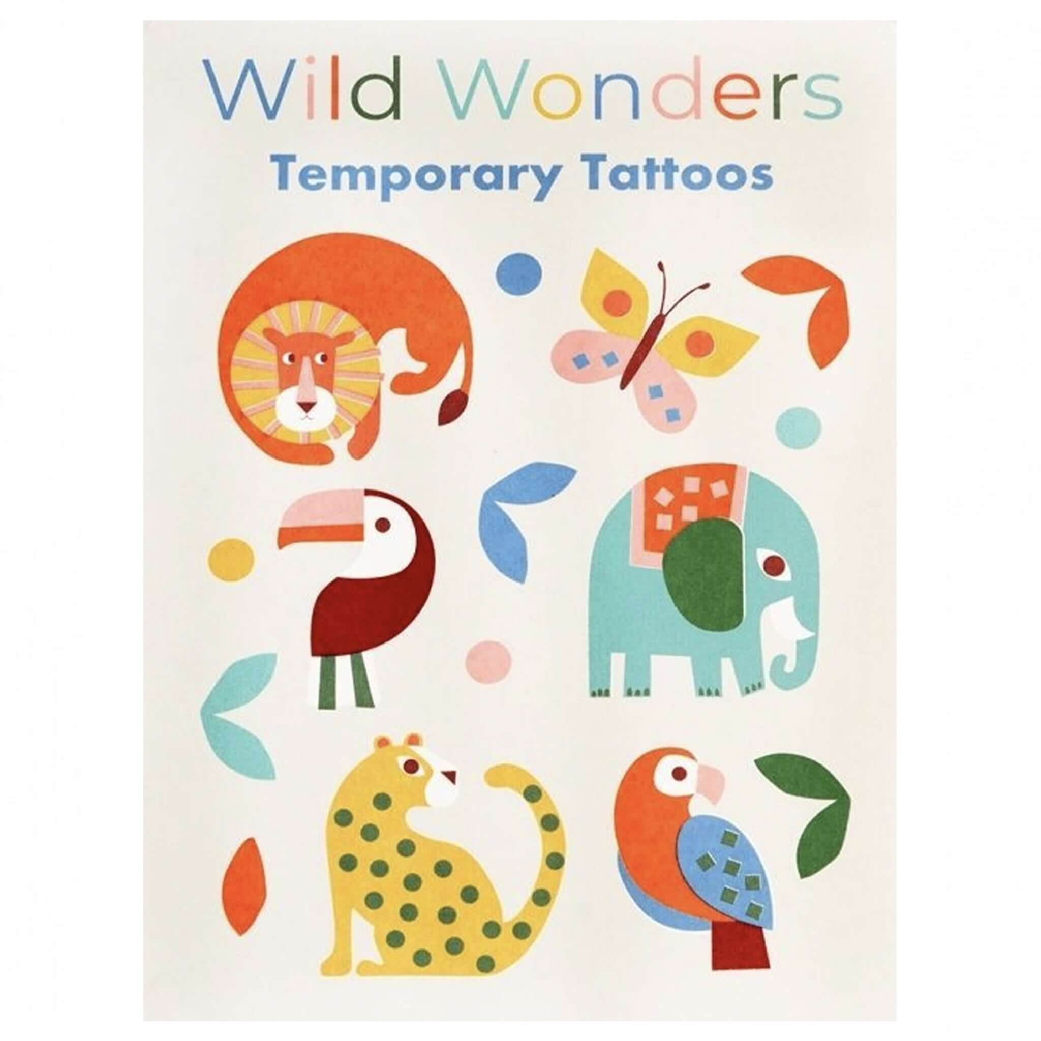 Alt Tag: Rex London Temporary Tattoos - Wild Wonders colourful wildlife temporary tattoos sheets with lion, elephant, leopard, toucan and parrot