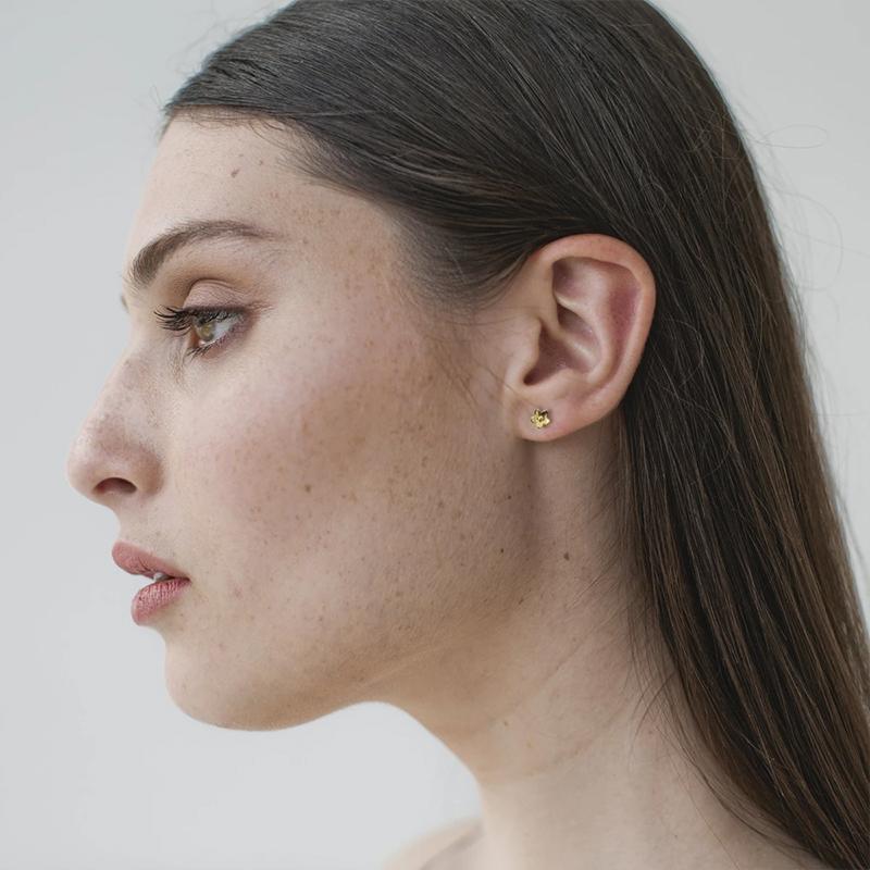 Alt Tag: Sophie Daisy Day Stud Earrings 5mm daisy stud on ear, sterling silver post with 14kt gold or rhodium plating