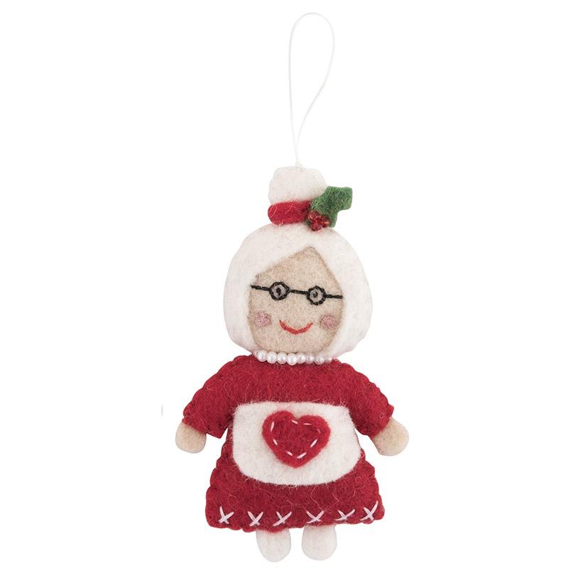 A handcrafted felt Christmas decoration depicting Mrs. Claus in red with a white hat and glasses, featuring a heart-shaped emblem and a hanging loop.