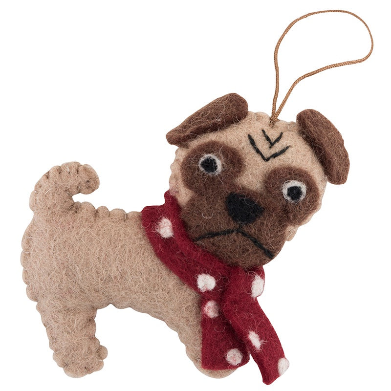 Pashom Nepal Felt Christmas Decoration - Pug with Scarf - Tea Pea Home