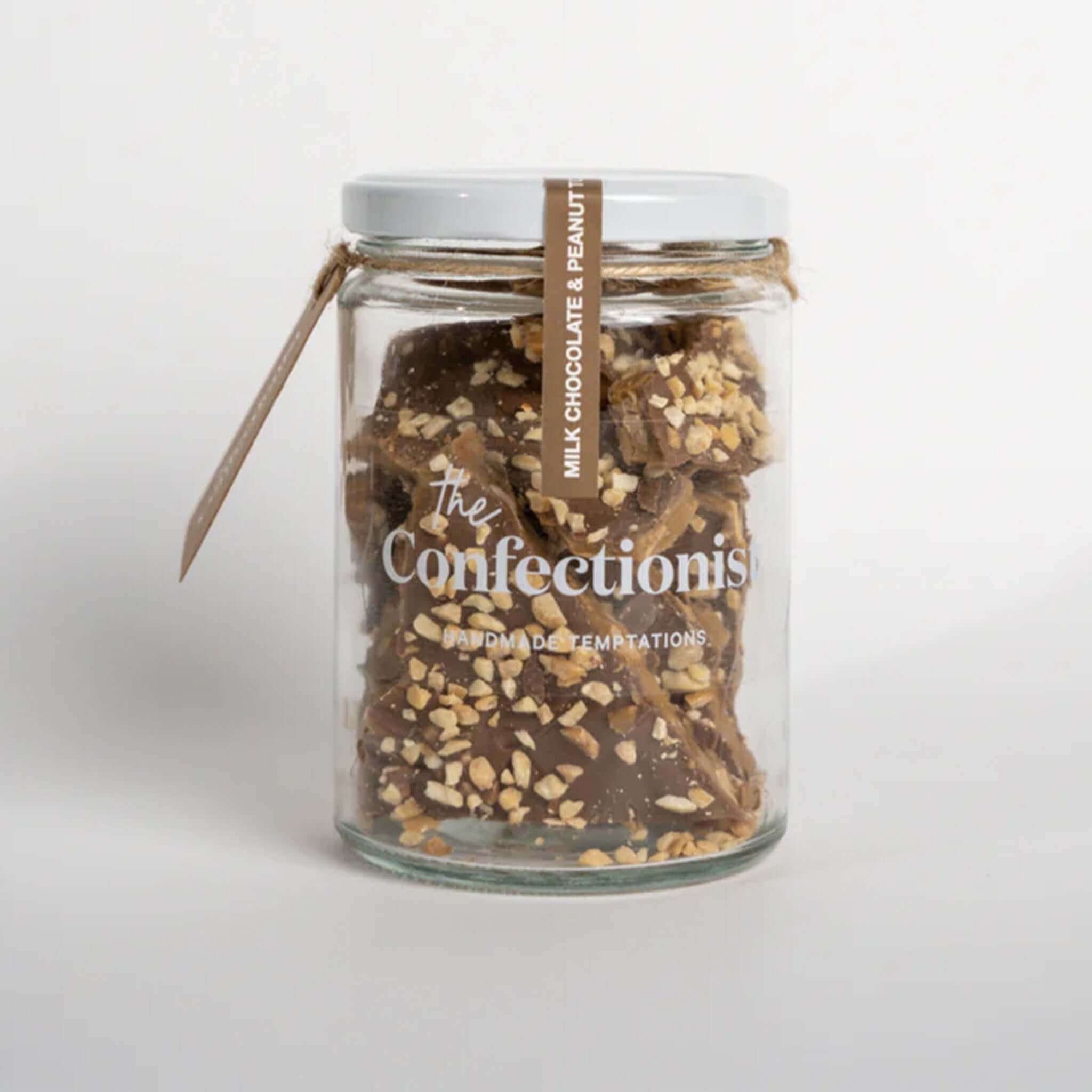 Alt Tag: The Confectionist Milk Chocolate Peanut Toffee - Small jar, handcrafted buttery toffee with roasted peanuts coated in creamy milk chocolate